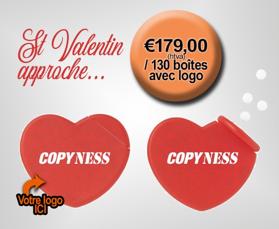 COPYNESS's tweet image. Cette semaine: pensez à St Valentin ! - copyness.be/cette-semaine-… - 

Le 14 février approche, COPYNESS vous propose une promotion pour la Saint Valentin.
 Lire plus