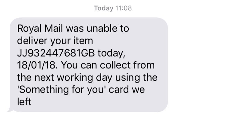 Abjectdejection's tweet photo. @RoyalMail took a day off to wait for this delivery. Been home all day literally just waiting. No one came, yet I got this text. As well as this because no one came I have no “something for you” card and can’t even organise redelivery. https://t.co/6ANzc3YvNR
