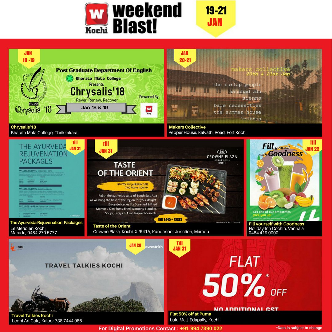 WtzupCity (@wtzupkochi) on Twitter photo Wtzup this Weekend!
Taste of the Orient at <a href="/CrownePlaza/">Crowne Plaza Hotels & Resorts by IHG</a> , The Ayurveda Rejuvenation Packages at <a href="/LeMeridienKochi/">Le Meridien Kochi</a> , Fill yourself with goodness at <a href="/HI_cochin/">Holiday Inn Cochin</a> , Makers Collective at Pepper House and much more. Visit wtzupcity.com to know more Wtzup this Weekend!
Taste of the Orient at <a href="/CrownePlaza/">Crowne Plaza Hotels & Resorts by IHG</a> , The Ayurveda Rejuvenation Packages at <a href="/LeMeridienKochi/">Le Meridien Kochi</a> , Fill yourself with goodness at <a href="/HI_cochin/">Holiday Inn Cochin</a> , Makers Collective at Pepper House and much more. Visit wtzupcity.com to know more