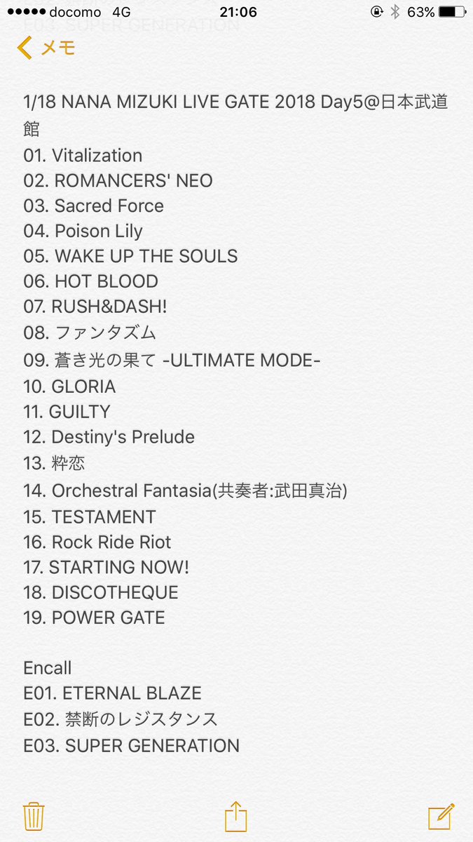 やんす ネタバレ注意 水樹奈々 セトリ 1 18 木 Nana Mizuki Live Gate 18 Day5 日本武道館 セットリスト