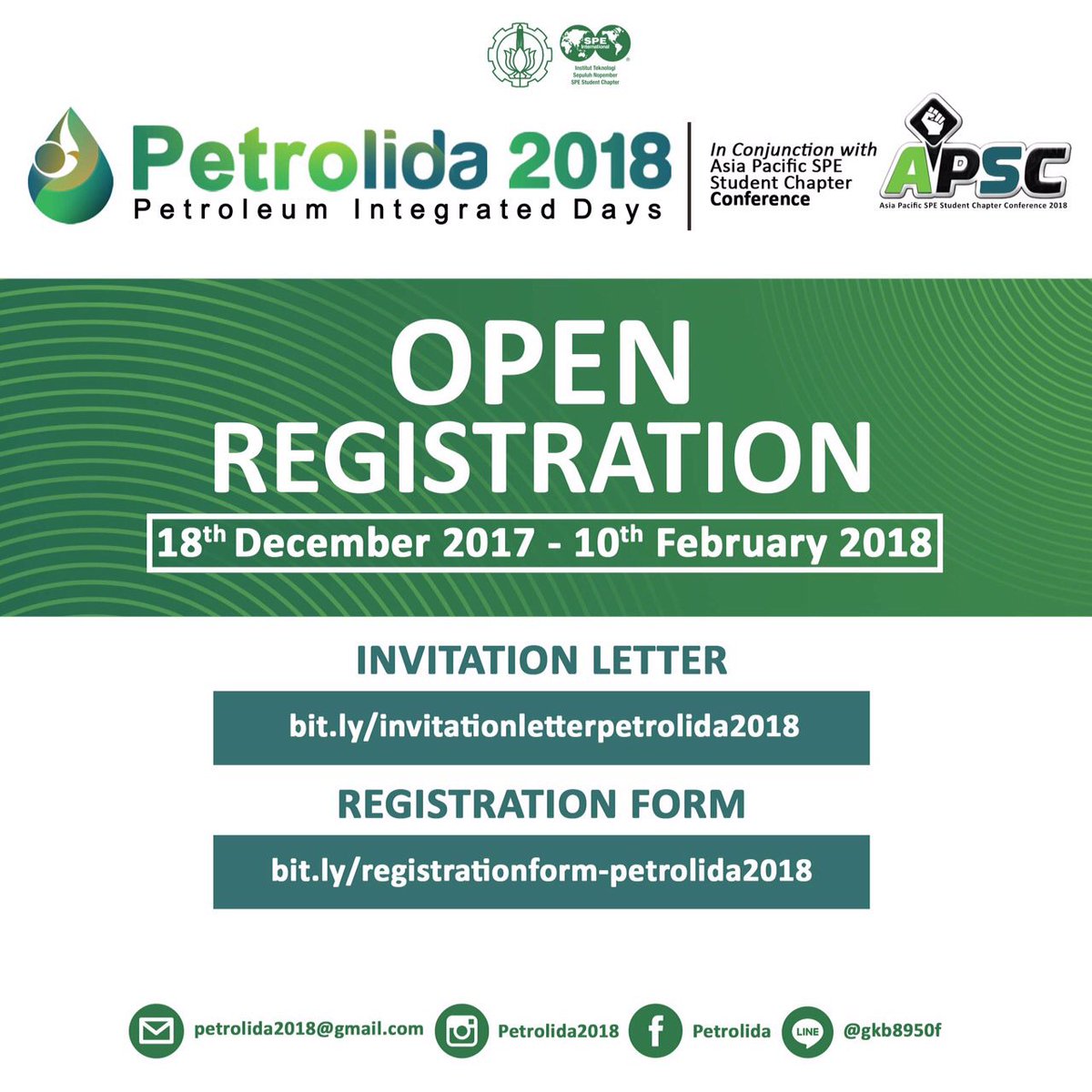 petrolida's tweet photo. Dear future engineer, now #petrolida2018 is opening the registration for you. 
The registration would be closed at 10th of February 2018, don't be late! Download your invitation letter and registration for as the picture above. Let's join us and see you on the competition! https://t.co/V4ahpEovln