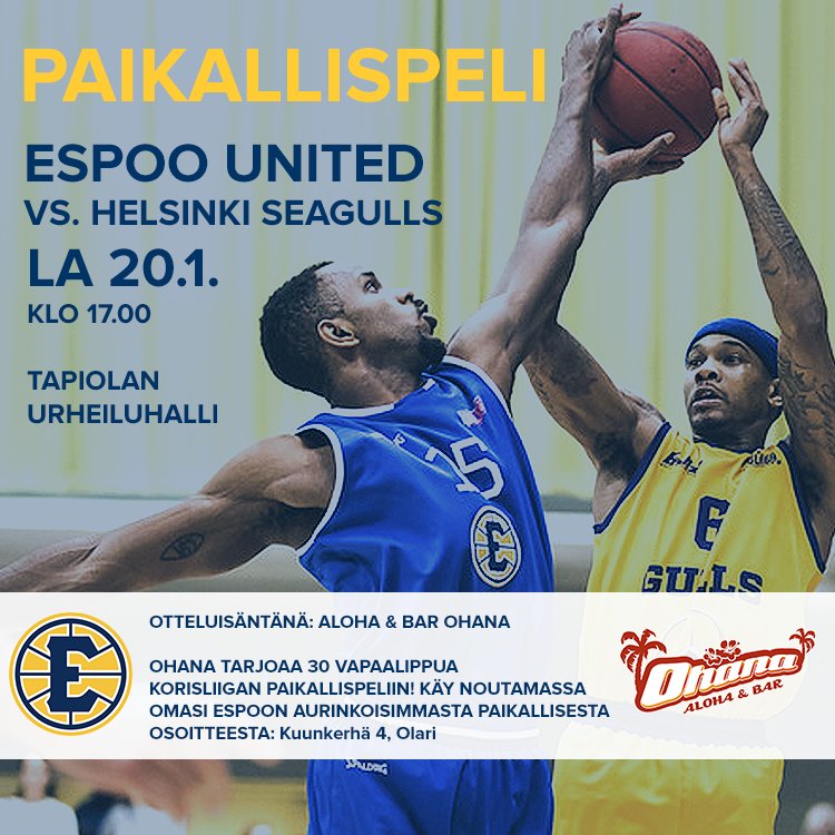 unitedbasket's tweet photo. 2 pvää paikallispeliin! Vieraaksi Tapiolaan @GullsBasketball, otteluisäntänä toimii Aloha &amp; Bar Ohana. Ohana tarjoaa lippuja otteluun - käy hakemassa omasi kun niitä vielä on. 

Ennakkoliput ja neljän hengen lippupaketit: https://t.co/Az0aBcFvjw

#EspooUnited #Korisliiga https://t.co/NTXDykjaxU