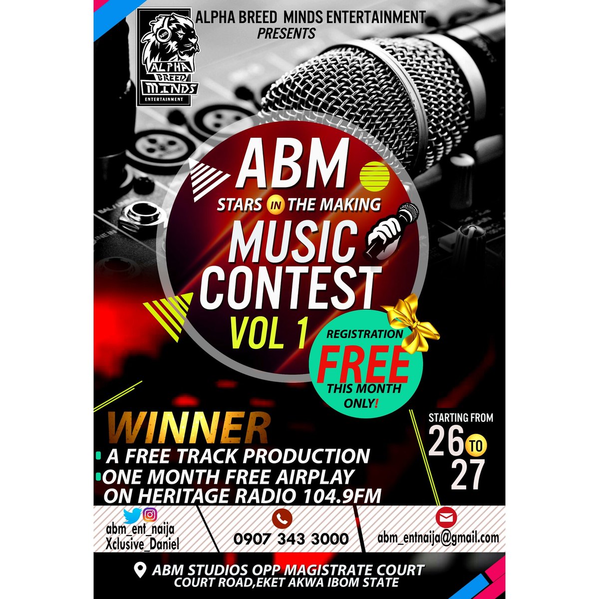 AbmRecs's tweet photo. Stand a chance to win a full production at #ABMSTUDIOS and 1 month free airplay @heritage104_9fm @rileydouabm @djattitude007 @Dj_IDBest https://t.co/HFHMrzmDmZ