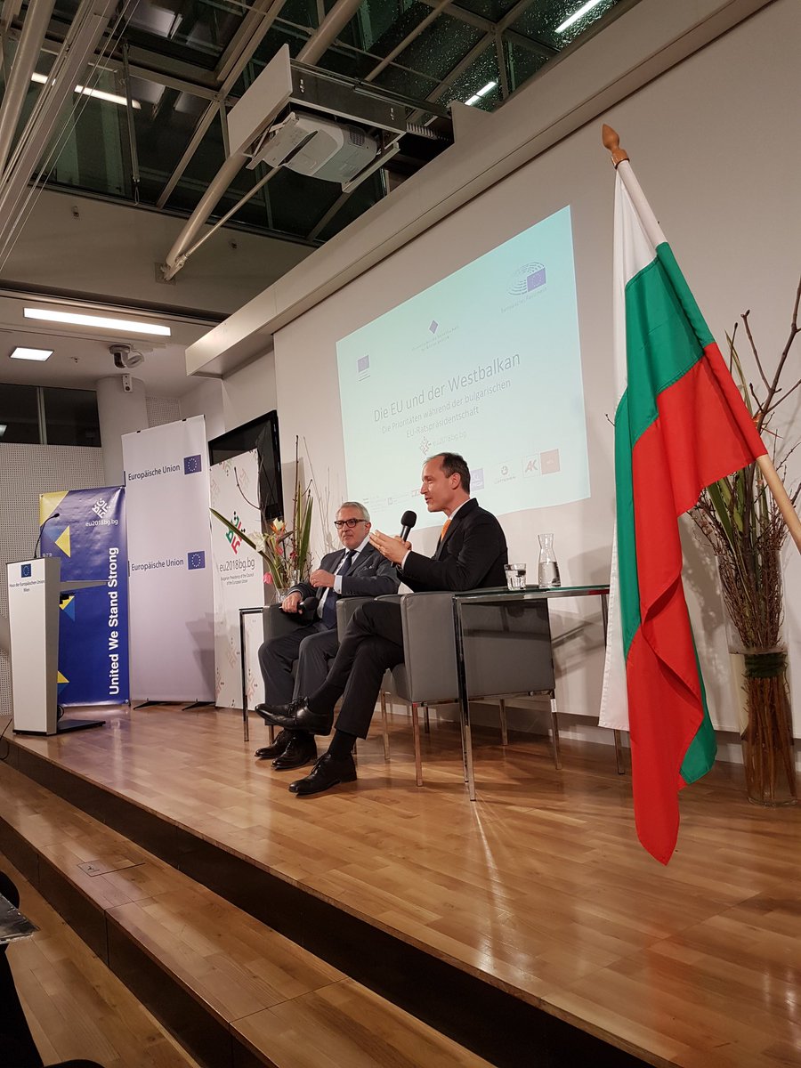 AlEmbassyAustri's tweet photo. @IvanSirakovBG Haus der Europäischen Union #Wien Presenting priorities of #EU2018BG Enlargment with #WesternBalkans tops the list. Best wishes for successful EU Presdency https://t.co/zTr6KhHWnd