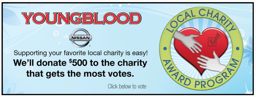 GivingVenture's tweet photo. Vote for your favorite Springfield charity with the @Youngbloodauto Local Charity Award Program! https://t.co/g5ETNUZP9u https://t.co/DwgQkzmIcJ