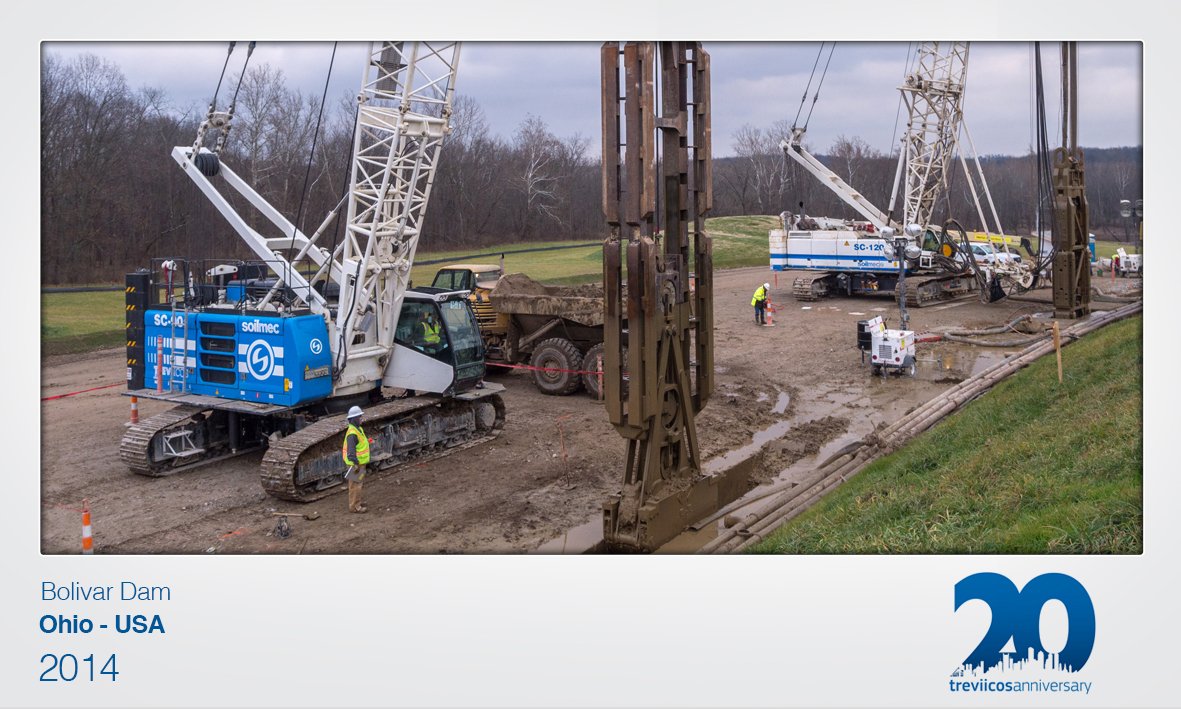 Bolivar Dam, an 87-foot-tall, 6,300-foot-long embankment on Sandy Creek, to provide flood control and water conservation in Southeastern Ohio. In 2014, <a href="/treviicos/">Treviicos Corp.</a> was awarded the contract to build a concrete barrier to prevent water seepage from compromising the structure