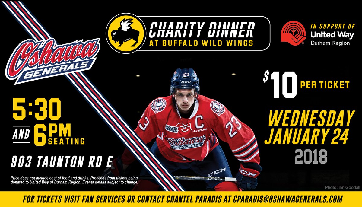 Have you got your tickets for the <a href="/BWWingsCanada/">Buffalo Wild Wings</a> Charity Dinner in support of <a href="/UnitedWayDurham/">United Way Durham Region</a>? 🍽️🍗

We are just under a week away from the big night!
Pick up tickets at the game this Sunday vs <a href="/StingHockey/">Sarnia Sting</a> or by emailing cparadis@oshawagenerals.com