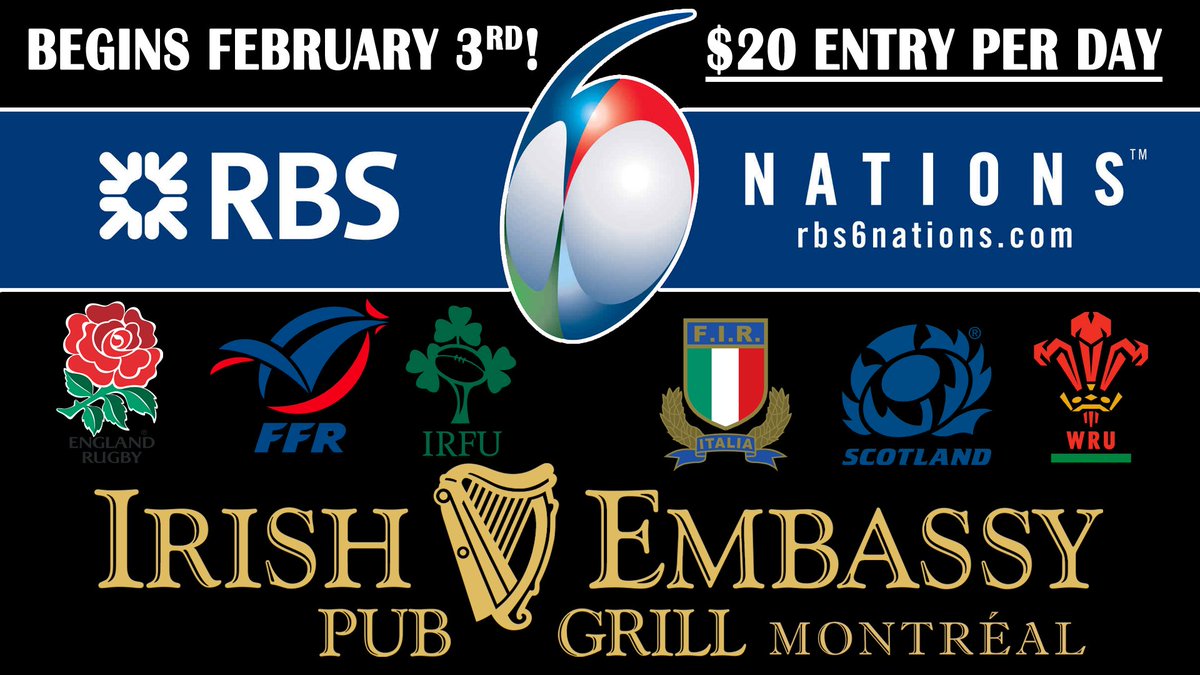 IrishEmbassyMtl's tweet photo. We will be showing all games of the @SixNationsRugby Tournament beginning February 3rd with Wales-Scotland at 9:15AM followed by France-Ireland! $20 entry fee per day. #SixNations #rbs6nations #rugby #irishembassymtl #irishpub #montreal https://t.co/q91IAWgPMY