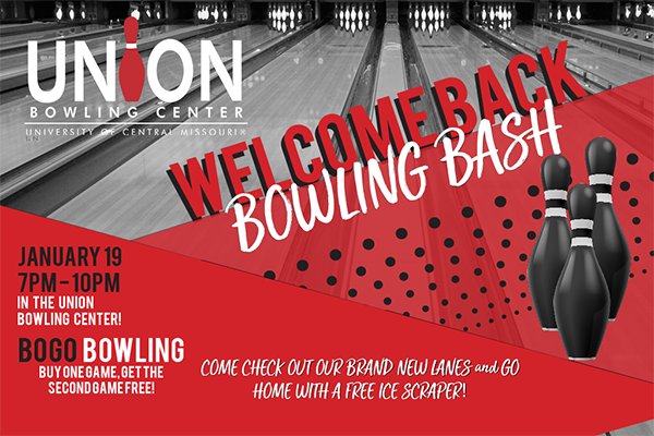 UCMElliottUnion's tweet photo. Score BOGO deals and great swag when you come let the good times bowl Friday night at the #UBCLanes https://t.co/ETX6yWDnuN