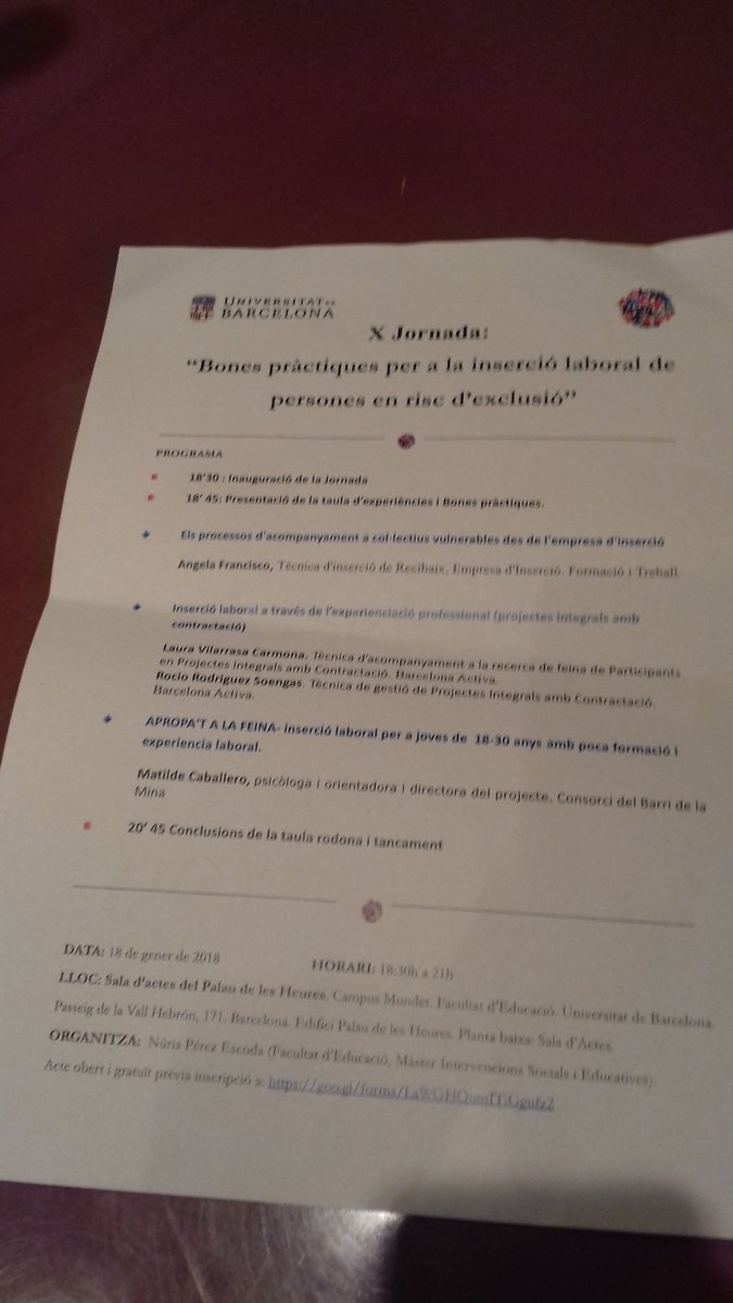 L'equip de Projectes Integrals de <a href="/barcelonactiva/">Barcelona Activa</a>  participant a la X Jornada "Bones pràctiques per a la inserció laboral de persones en risc d'exclusió" a la Facultat d'Educació.