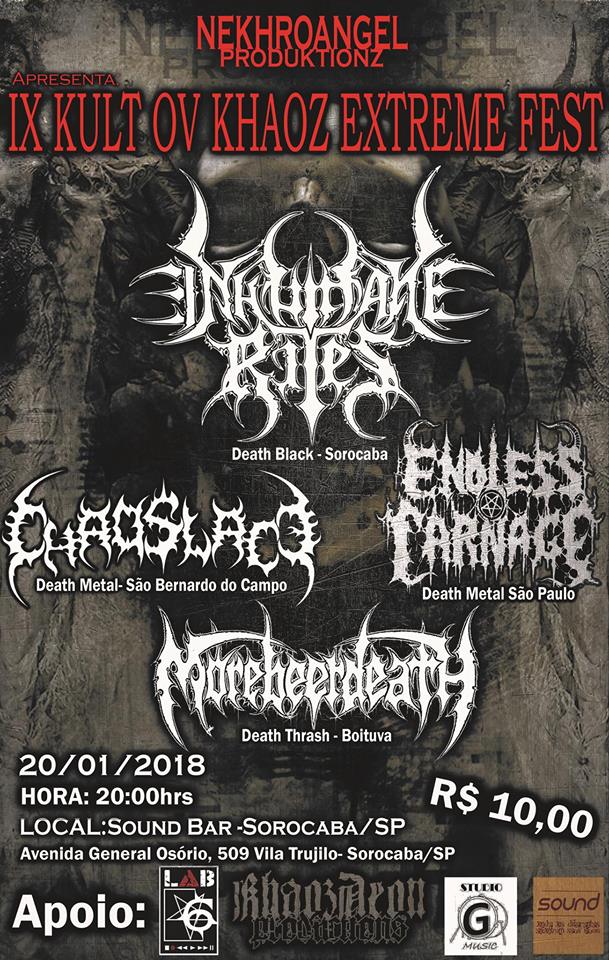FedericoDotOrg's tweet photo. #IXCultOvKhaozExtremeFest with #InhumaneRites #Chaoslace #EndlessCarnage  #Morebeerdeath #live at #SoundBar #saopaulo #brazil

#livemusic #gigposter #upcominggig #livemusicsaopaulo #livemusicbrazil #livemusicsorocaba
#deathmetal #metal #blackmetal #death
#sorocaba #music #musik https://t.co/RdG28IF1Wl