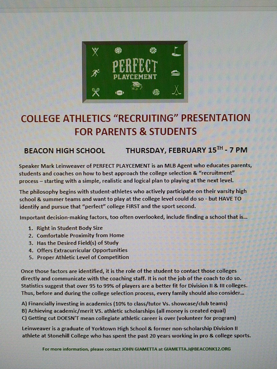 The BCSD is very excited to host Mark Leinweaver on Thursday February 15 @ 7pm in the BHS Auditorium.  All college bound athletes and their parents are encouraged to attend! <a href="/BeaconCSD/">Beacon City Schools</a> <a href="/MarkLeinweaver/">Mark Leinweaver</a> <a href="/BeaconBulldawgs/">Beacon Bulldogs</a> <a href="/BCSDSoccer/">Craig Seaman</a> <a href="/CoachAlzate/">Coach Alzate</a> <a href="/BCSDTrackXC/">Coach Henry</a>