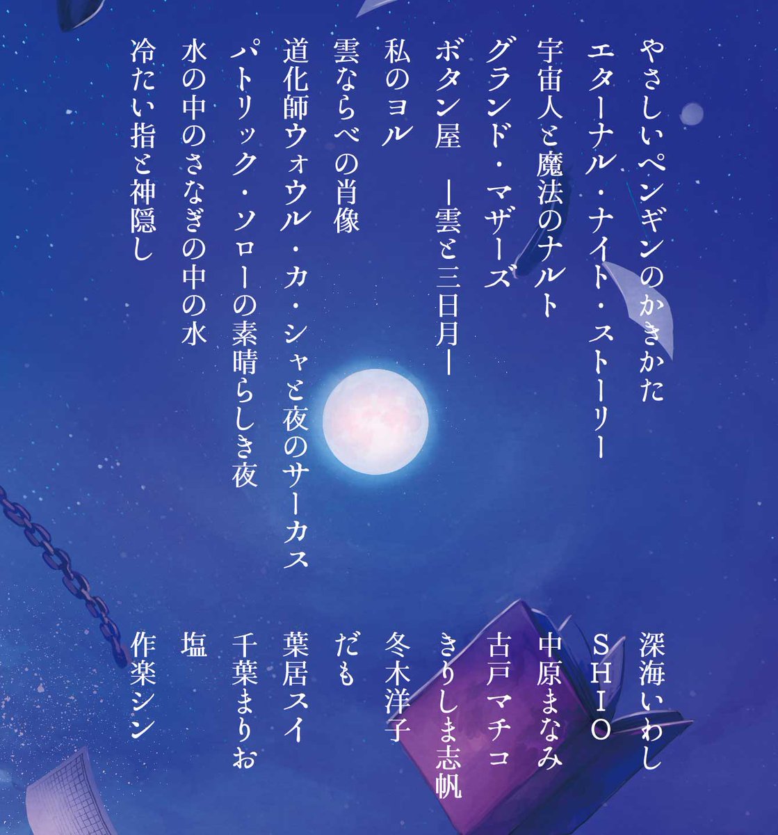 mmsakura's tweet photo. 「夜の世界（まち）で君と遊ぶ」現代ファンタジー×夜アンソロジー。
１／２１文学フリマ京都あわせの新刊です。
不思議の夜の物語をつめこみました。
特設サイトはこちら。https://t.co/AzTKHXerpf
  #bunfree #文フリ京都 https://t.co/SmOYQS5iyX