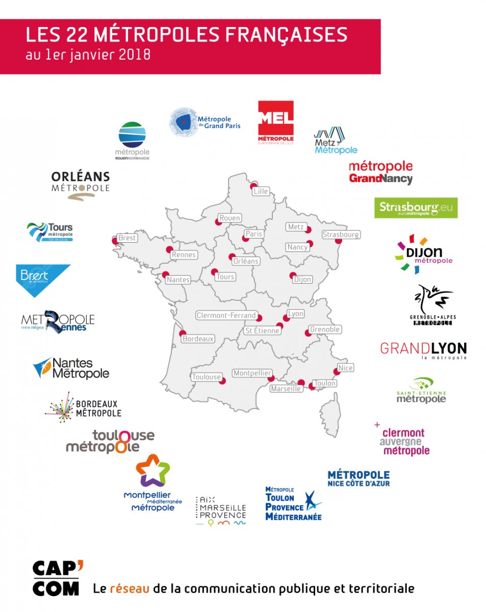 AlixGay's tweet photo. La carte des 22 métropoles françaises et leur logo au 1er janvier 2018 + focus sur les identités Tours Métropole @OrleansMetropol et sur les marques territoriales  @MetzMetropole  et @DijonMetropole
Un article lu sur sur @cap_com - https://t.co/EtxBMHcfx9 #markterr #compublique https://t.co/gIAPD6iKrg
