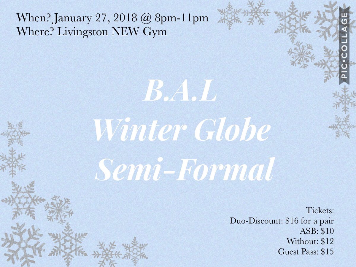 Tickets are on sale NOW for our B.A.L. Winter Globe Semi-Formal!  Make sure you grab your Duo-Discount with a friend to save some $$