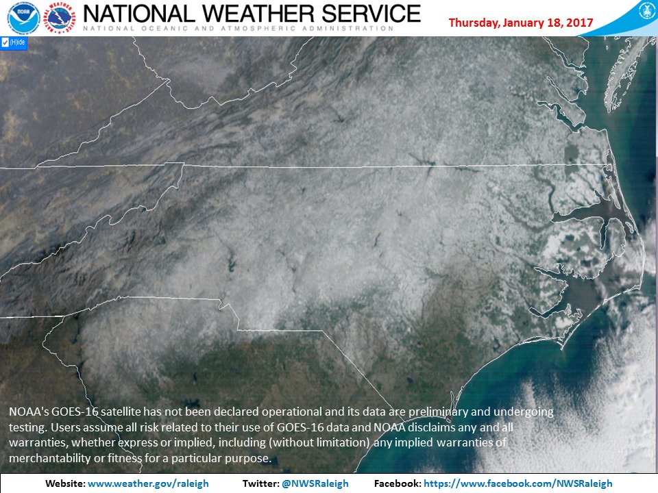 NWSRaleigh's tweet image. Here's GOES 16 Satellite imagery of our snow cover across NC this morning, with a clear indication of the void in snow fall across Southeastern NC. #ncwx #snow
