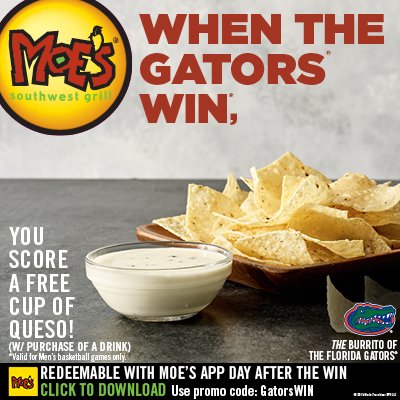 Winner Winner Queso Dinner! <a href="/GatorsMBK/">Florida Gators Men’s Basketball</a> WON last night! You win FREE Queso today. Redeemable in app. Use Code "GatorsWIN" Click to download: hyperurl.co/wtm