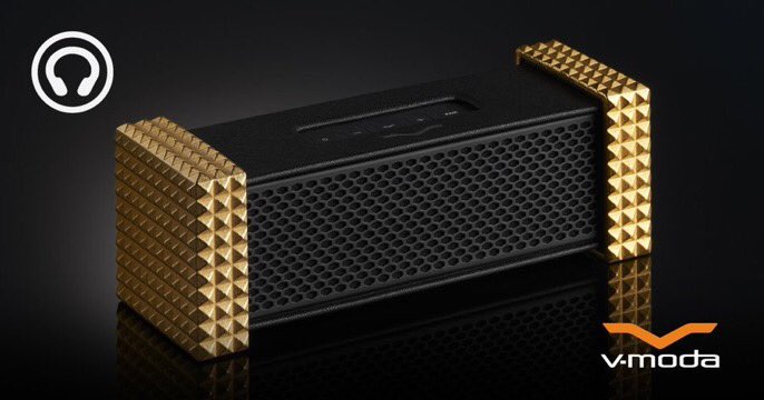 VMODA's tweet photo. V-MODA REMIX Bluetooth Speaker with built-in headphone amplifier, seen below with 3D custom 14 carat gold 'stud' sides, reviewed by @SoundReviewOrg receiving an overall 93% satisfaction rating. #VMODA #REMIX #BluetoothSpeaker #VeniVidiVici #SoundReview https://t.co/BadYa6Ol04 https://t.co/NS3gSspsQI