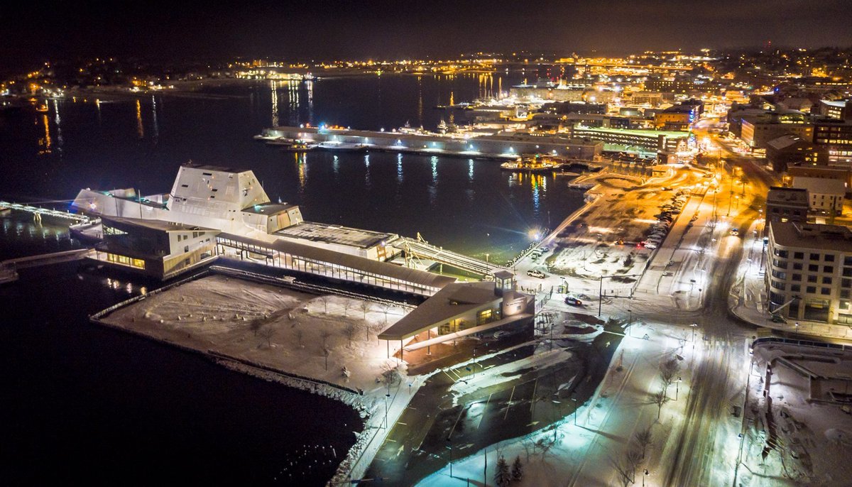 Gorgeous shots from about 0118 this morning (0118180118) from #Portland, #Maine, of #Zumwalt-class #destroyer MICHAEL #MONSOOR DDG1001 in port during sea trials. Images from the Sky High Maine site on Facebook.