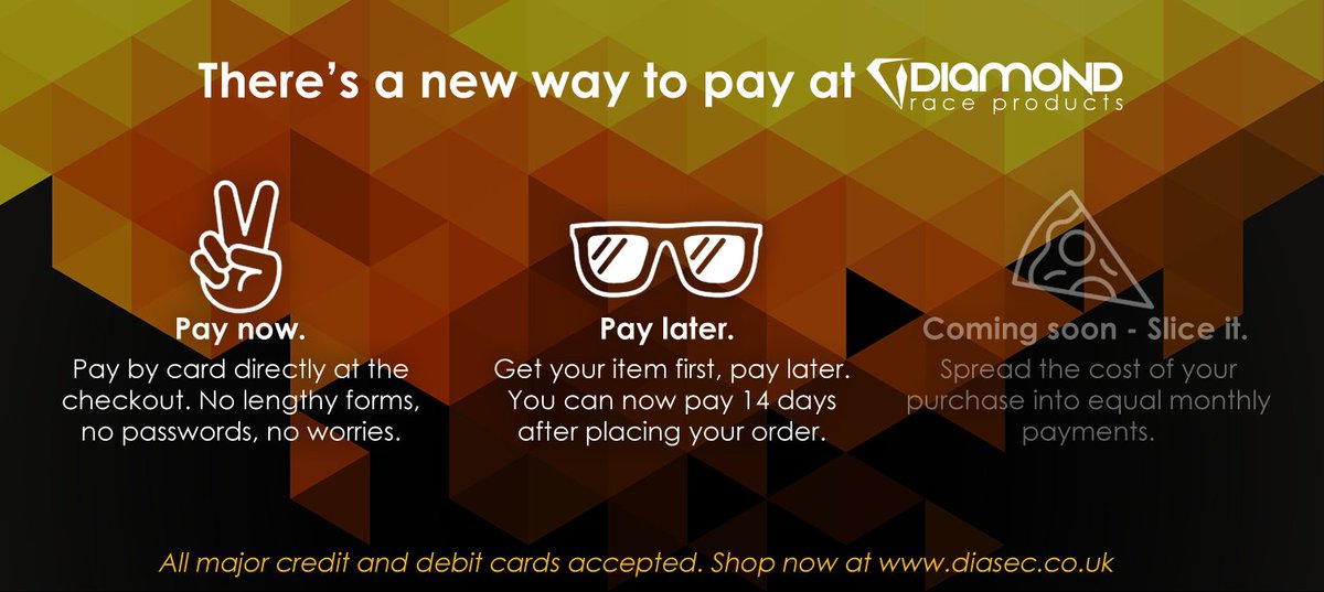 New at Diamond Race Products... You can now place your order, receive your parts, and pay up to 14 days later. Or, you can pay at the time of purchase as usual. Our financing option will be released very soon - Watch this space!