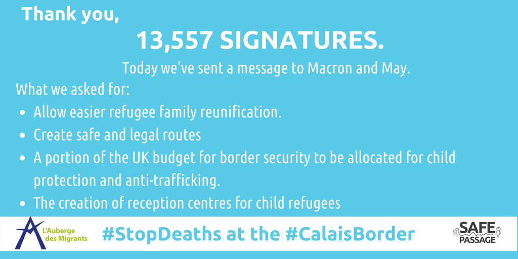 safepassageint's tweet photo. Thank you for signing our petition with @AubergeMigrants to put a stop to the deaths at the #CalaisBorder ahead of May & Macon's summit today. We have sent a clear message, will they listen? We'll find out at 5pm. https://t.co/EVwYER16HA