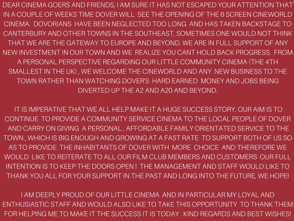 dovercinema's tweet image. Here is a personal message from our manager Alex Wallace in regards to Cineworld opening.

Please take your time to read the message and share with your Twitter followers. We would be truly grateful