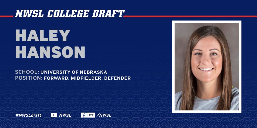 NWSL's tweet photo. With the No. 7 pick, the @HoustonDash Haley Hanson of university of Nebraska. 

Portland Thorns are now on the clock.

#NWSLdraft | Live stream: https://t.co/cmPrhLavnN https://t.co/NO9I34gv6M