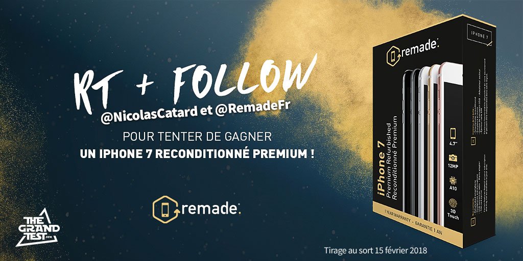 NicolasCatard's tweet photo. #concours 🎁
Un iPhone 7 reconditionné premium à gagner 😲 offert par @RemadeFr 😃

Pour jouer:
▶︎ Follow + RT @NicolasCatard et @RemadeFr
▶︎ Regarde notre vidéo : les trucs les plus cool et les plus WTF du #CES2018 (Pas obligé mais tu vas rigoler😬)
https://t.co/lZmGXilyGT https://t.co/4JspkzLplo