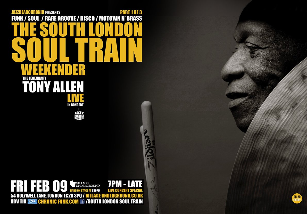 3PomProd's tweet photo. Don't miss the Tony Allen's show on Feb 9 as part of The South London Soul Train at the @villunderlondon Village Underground  🎉  ! Get your tickets here → https://t.co/qgTKZayejN https://t.co/yuuVKO0sc3