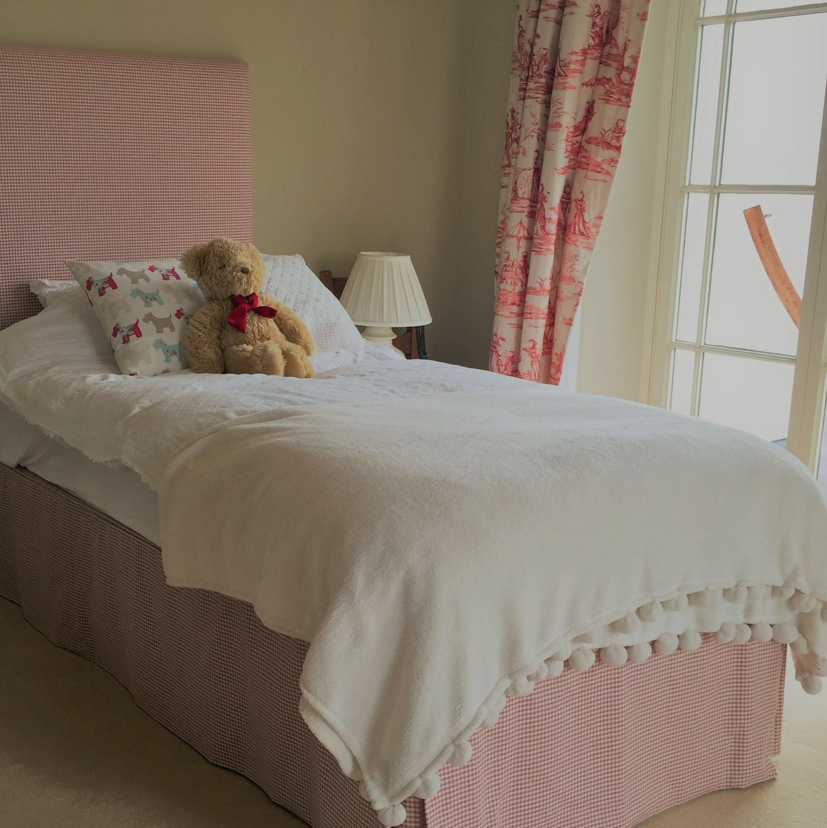 Seeing how many enjoyed our last scheme, we couldn't wait to share this beautiful, feminine &amp; fun room for a special little lady 
#pompoms #interiordecor #interiordesign #softfurnishings #upholstery #lighting #valences #bespoke #pinks #decoration #paints  #jojobradleyinteriors