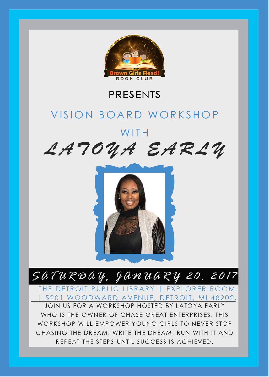 We are pleased to have Latoya Early hosting our Vision Board Workshop this Saturday. 

LaToya is the founder and President of Chase Great Enterprises multifaceted coaching and training resource for innovators seeking purpose-driven business and lifestyle development.