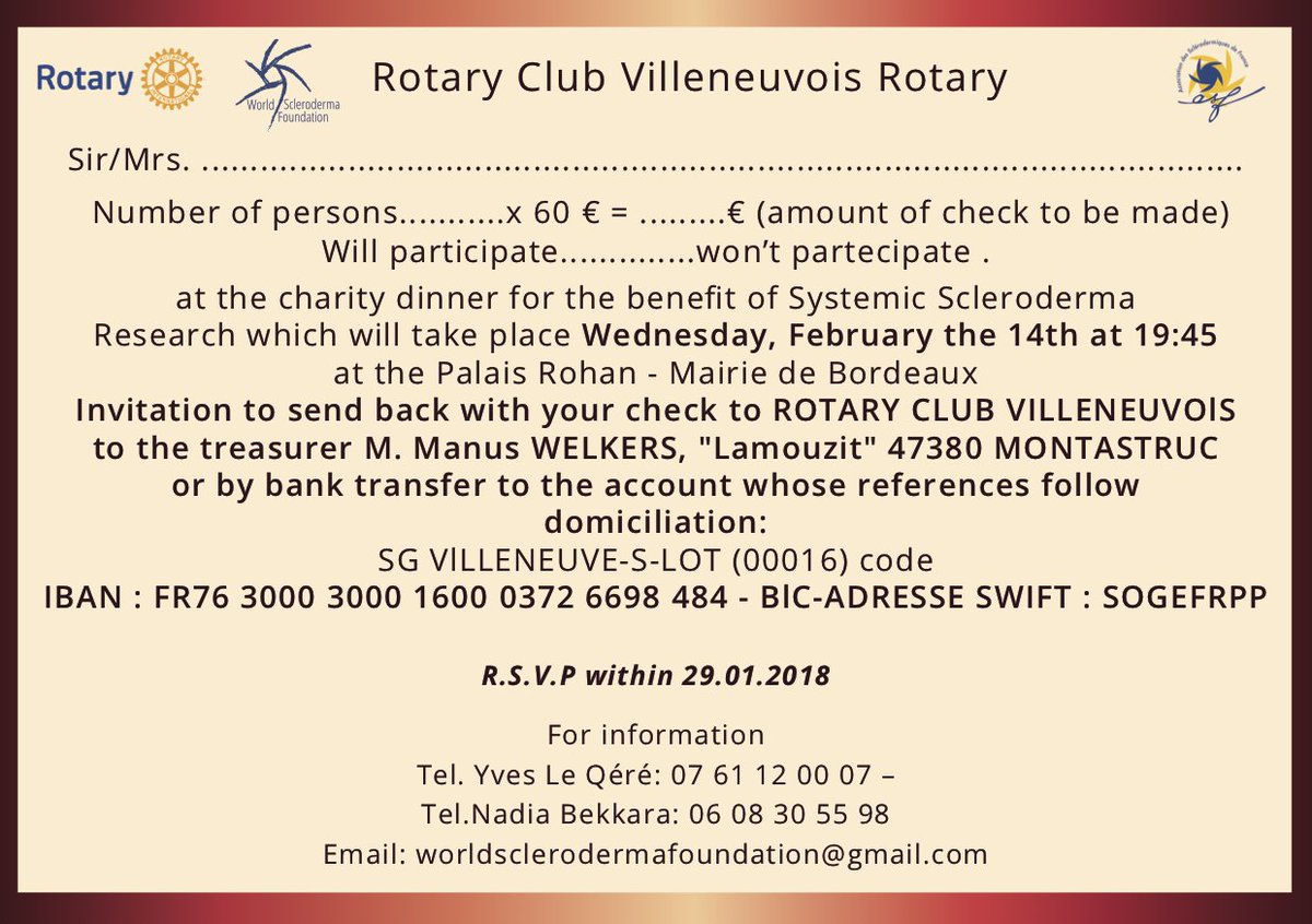 Worldsclerofnd's tweet photo. It is time to book your calendar for the #CharityDinner to be held in #Bordeaux on February the 14th in the #RhoanPalace in #Bordeaux during the #SWC2018 organized by #Rotay #AssociationdesSclerodermiquesdeFrance and #WSF to support #research in #systemic #sclerosis @EUSTAR_org https://t.co/g81XfCwxmH