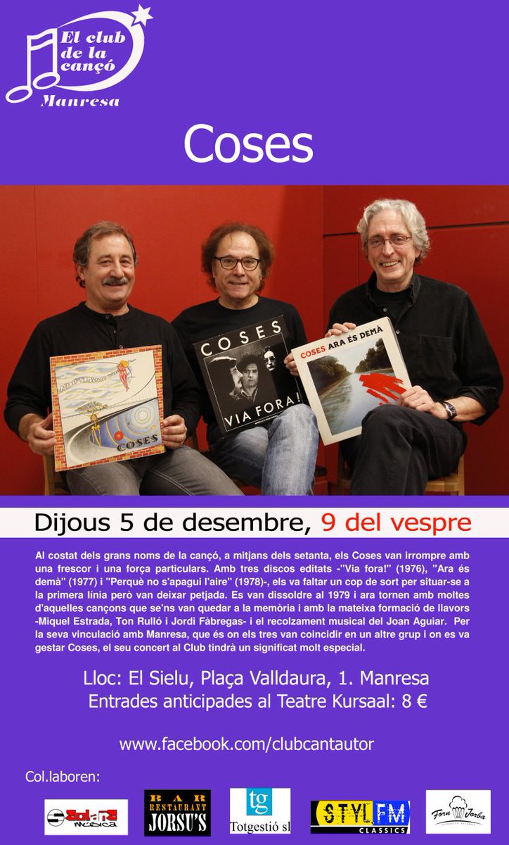 El Club de la Cançó (@clubcantautor) on Twitter photo NOU CONCERT DEL GRUP COSES.
Ja podeu comprar les entrades pel proper concert de El Club de la Cançó al teatre <a href="/Kursaalmanresa/">Kursaal Manresa</a> . NOU CONCERT DEL GRUP COSES.
Ja podeu comprar les entrades pel proper concert de El Club de la Cançó al teatre <a href="/Kursaalmanresa/">Kursaal Manresa</a> .