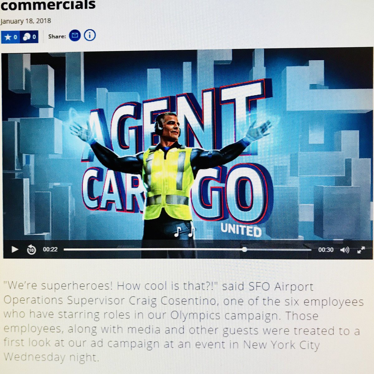 #SFOCG Supervisor Craig Cosentino makes bags fly as “Agent Cargo”, one of United’s employee superheroes in its new ad. @United has been a proud sponsor of #TeamUSA for 38 years and looks forward to serving its sponsored Winter Olympics 2018 athletes. @weareunited #BeingUnited