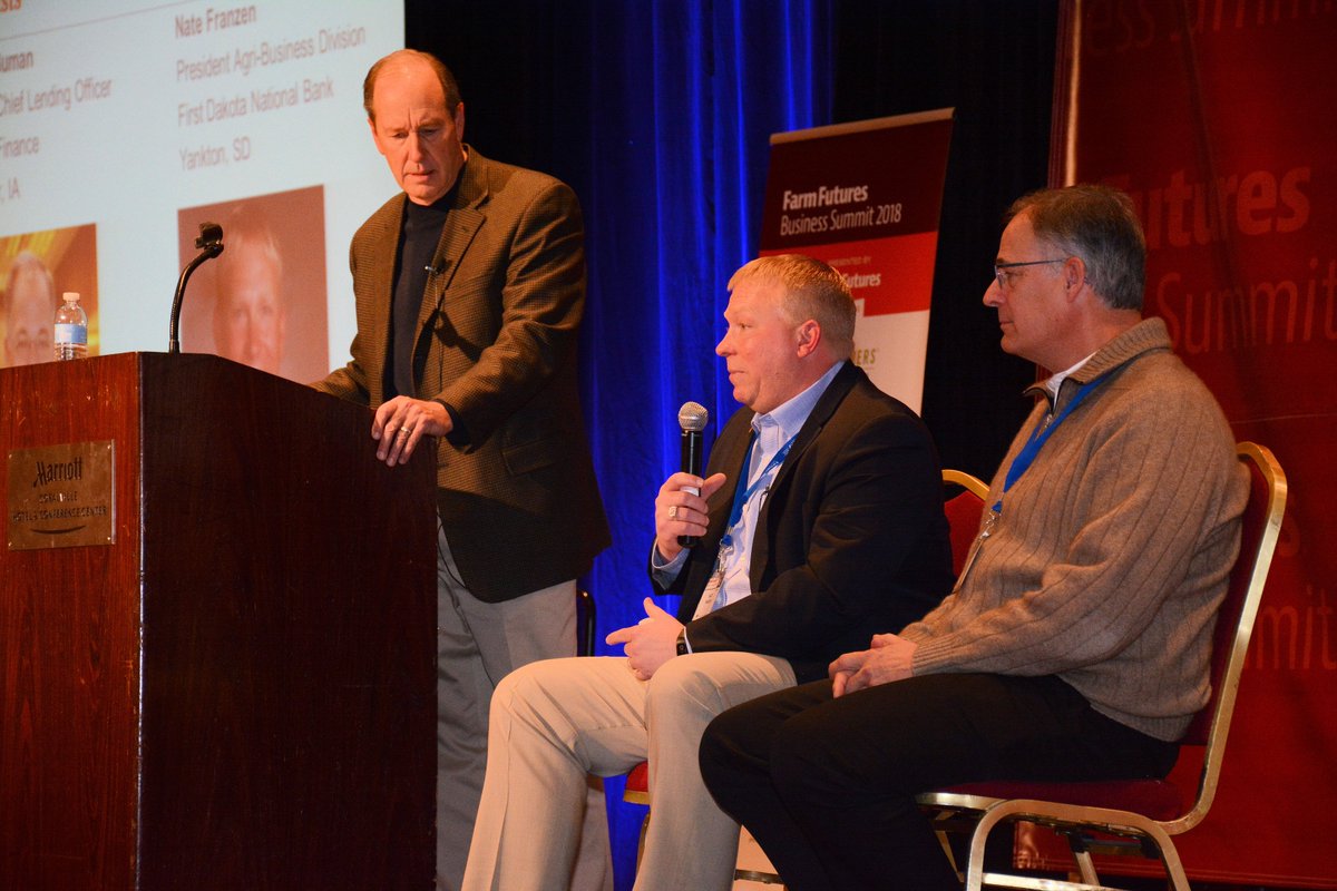 FarmFutures's tweet photo. "Farms that are willing to embrace change are the ones that will be around for the long haul," says ag banker Nate Franzen (center) with FarmerMac VP Curt Covington (l) and Iowa banker David Buman @TSAgFinance #FFSummit18 https://t.co/Mbfp8sM5zu