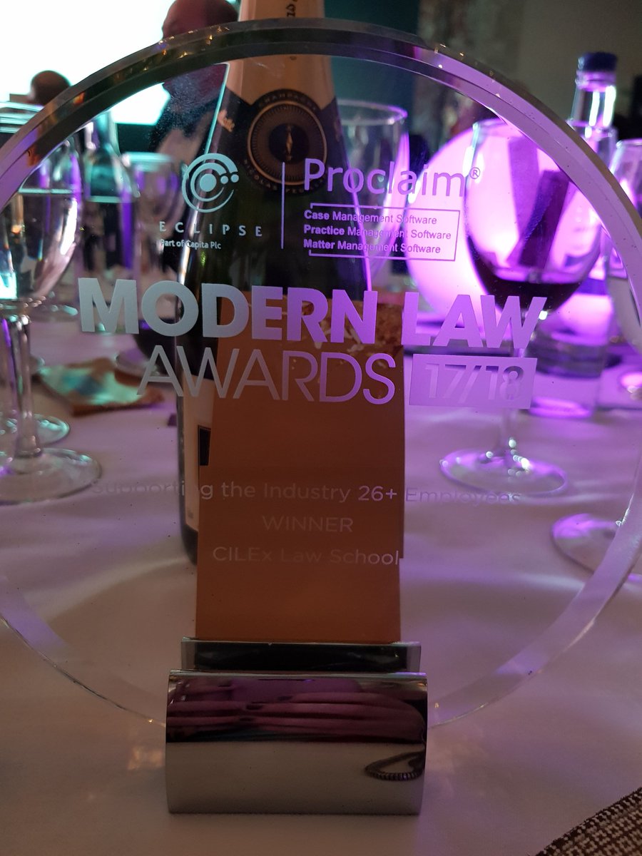 CILEXLawSchool's tweet photo. Delighted for everyone @CILExLawSchool on tonight's award at the Modern Law Awards #MLAwards18 . A well deserved win for the tireless dedication and fantastic work all our colleagues do in supporting the legal sector.  Go Team CLS! https://t.co/3YyD2YD6PM