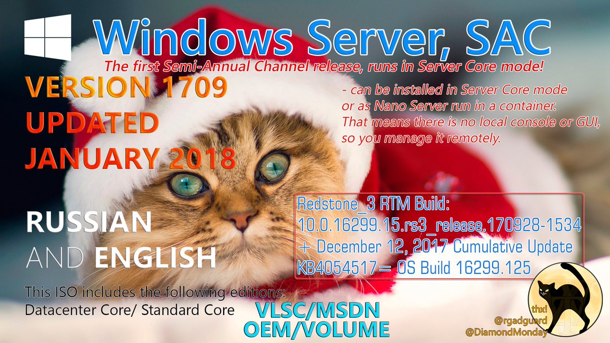 WZorNET's tweet photo. ☃️📢Windows Server #ACore, Version 1709, #SAC, Updated January 2018
📌RTM:16299.15.rs3_release.170928-1534+#KB4054517=Build 16299.125
⚙️#VLSC=#MSDN DatacenterCore/StandardCore
📀https://t.co/NY3FK6nn9i
🔑gvlkServerDatacenterACorCore=6Y6KB-N82V8-D8CQV-23MJW-BWTG6
🧙♂️by WZT https://t.co/ZYe3smWVAJ