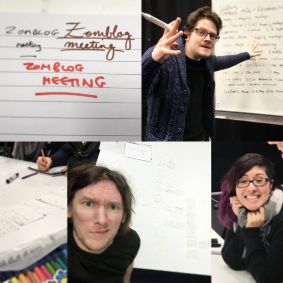 We all contributed greatly to the latest Zomblog movie pre-production meeting. Especially the bit where we each wrote the title in different coloured pens. Seeeeeriously though, we’ve now laid out all the scenes. Next step: how the hell to do it all. Any suggestions welcome.