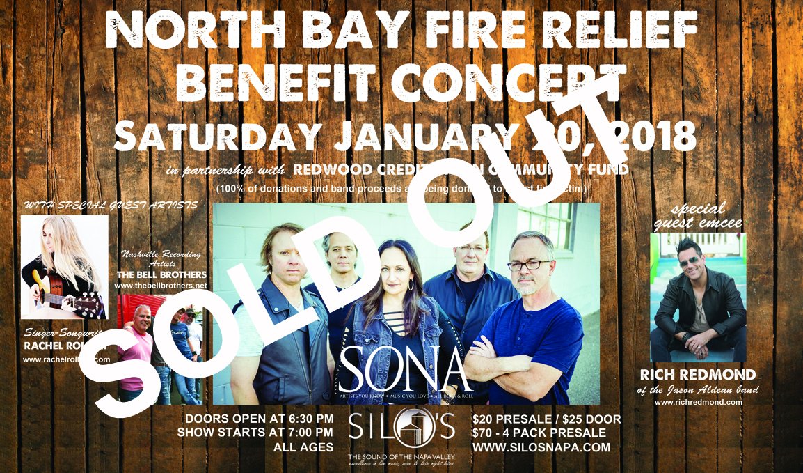 Thanks to everyone who purchased tickets to our North Bay Fire Benefit show this Saturday…we are now SOLD OUT!!

If you would still like to donate, links to Redwood Credit Union and Go Fund me below:
rcucommunityfund.org/silos
gofundme.com/sona-and-frien…
@sonavox4life