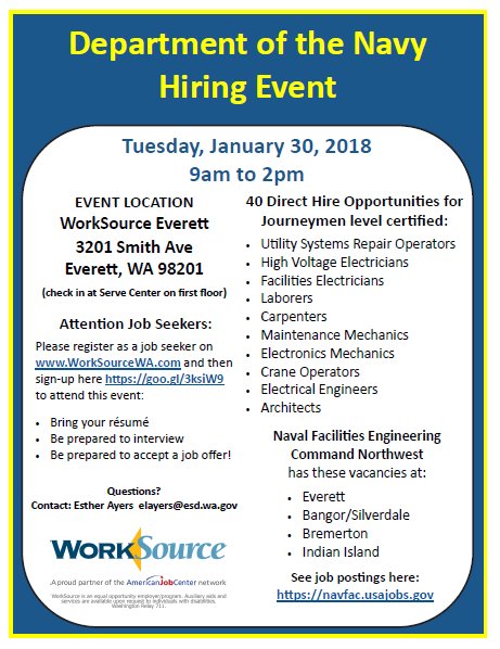 40 Direct Hire Journeymen level Civilian Employment Opportunities,
  all qualified candidates welcome! (sign-up to attend) <a href="/WorkSourceSnoCo/">WorkSource Snohomish</a>