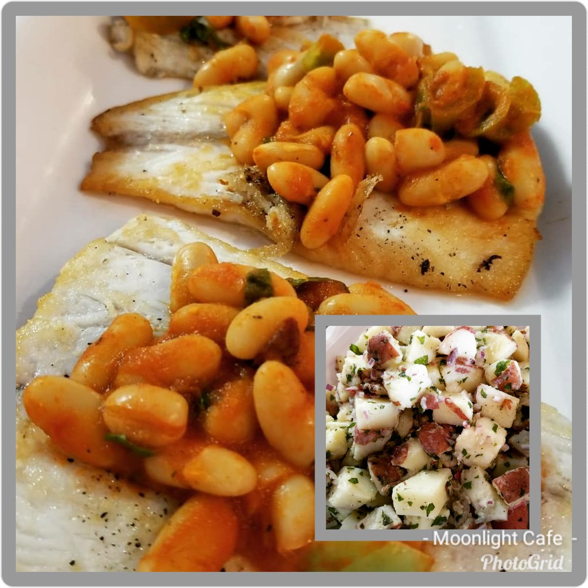 Australian barramundi with a white bean cassoulet paired with our Persian potato salad #matchmadeinheaven #dinnerideas #takeoutordinein #mlc #relaxedfoodjoint #fishdishoftheday #potatoperfection #homemade #openforbusiness @ Moonlight Cafe & Caterers