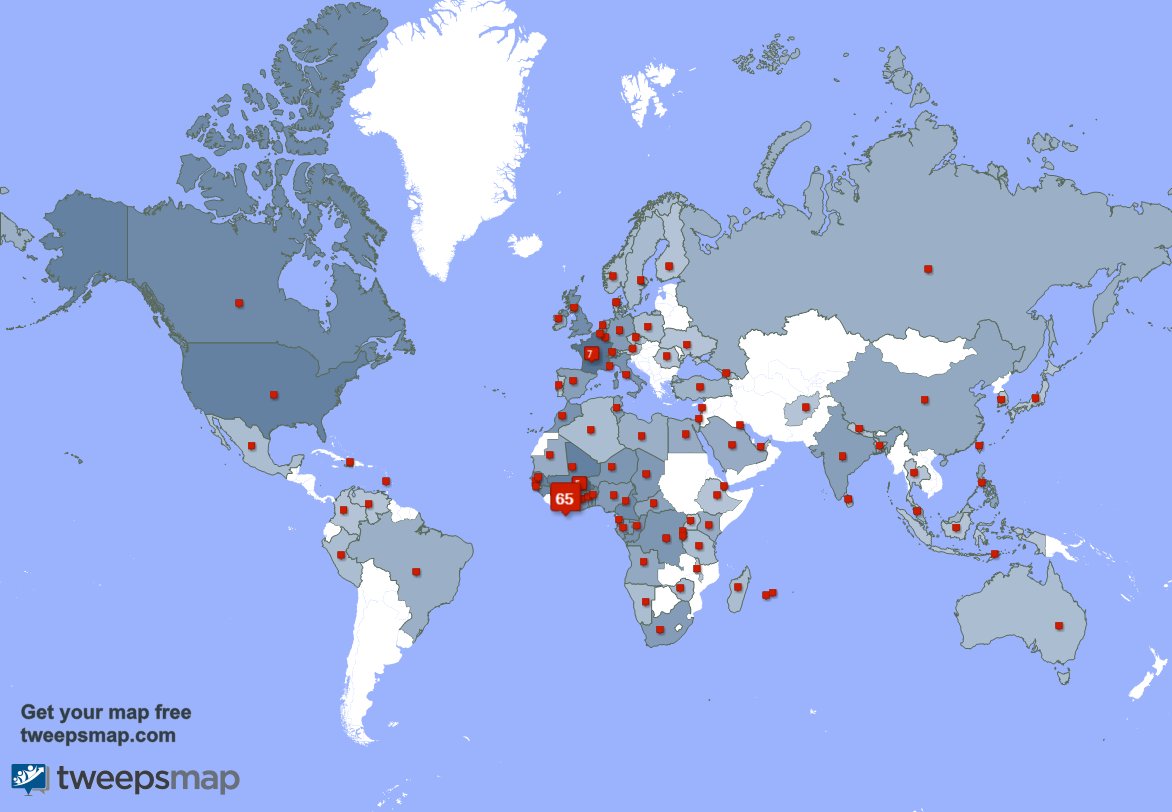 Selon tweepsmap.com/!BannyKonan Mes followers vivent en: Côte-d'Ivoire(66%),France(7%),Burkina Faso(5%)
