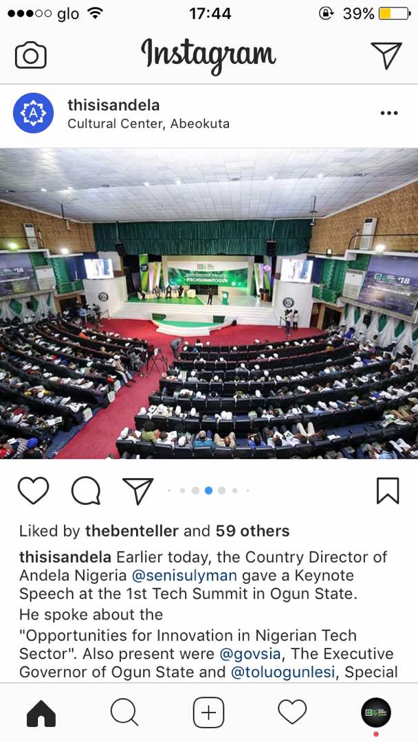 TechSummitOgun's tweet photo. Earlier Today the country director of @Andela_Nigeria in person of @senisulyman gave a keynote speech in the first ever tech summit to be held in Ogun State 

#TechSummitOgun #TechSummitOgun18 #Technology #VerveHub #VerveTree #Innovation #StartUps #Ogun https://t.co/R3kttGrprs