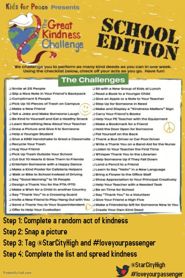 <a href="/StarCityHigh/">Star City HS</a> will participate in the Great Kindness Challenge starting Monday! Look at this list to help you #LoveYourPassenger