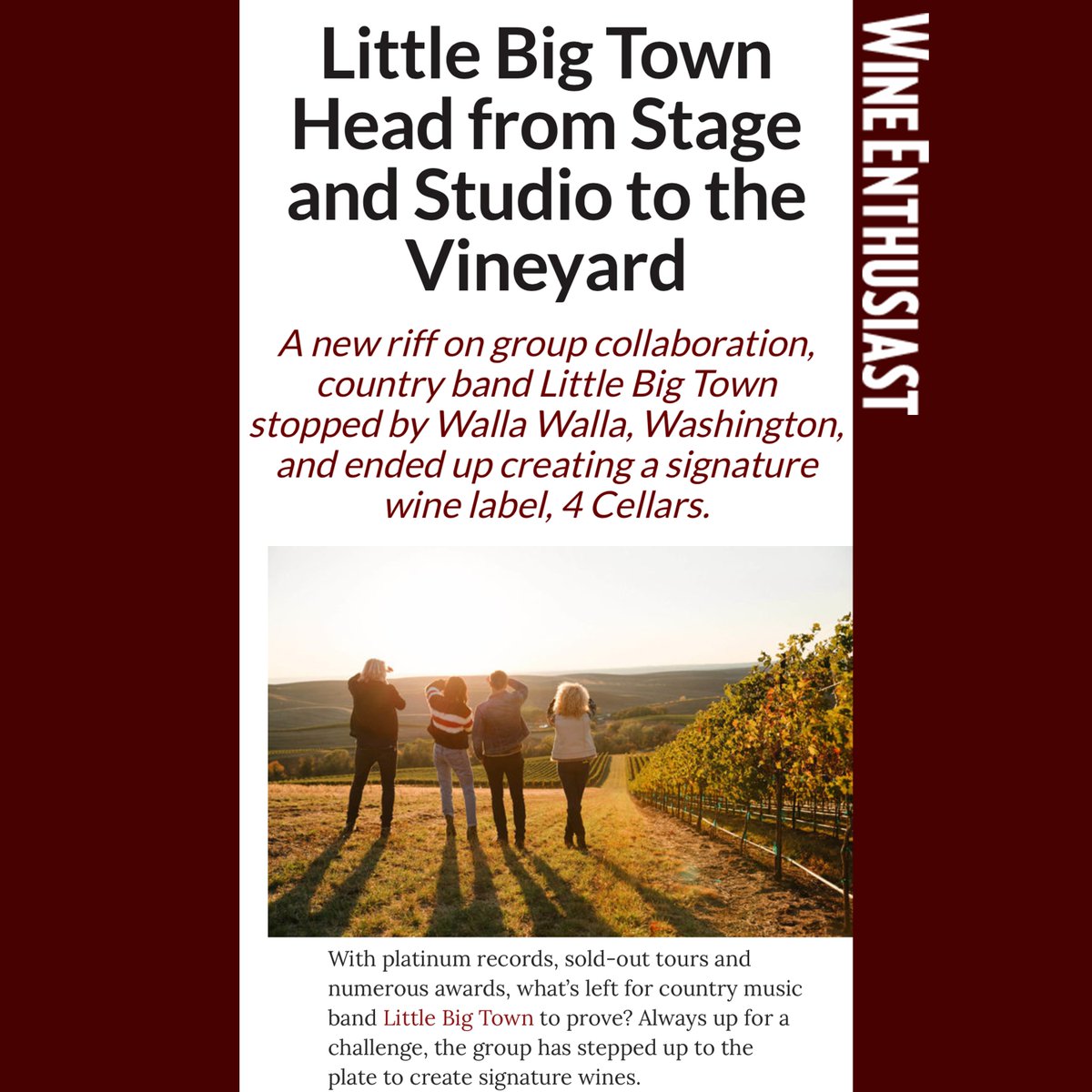 FourCellars's tweet photo. #TBT to when our friends at @WineEnthusiast sat down with @littlebigtown to talk #4Cellars. Find the entire article here: https://t.co/Zqm1Yx3qzq. Join or gift today at https://t.co/HQvwM5aNCs. https://t.co/RDhQup8IzT