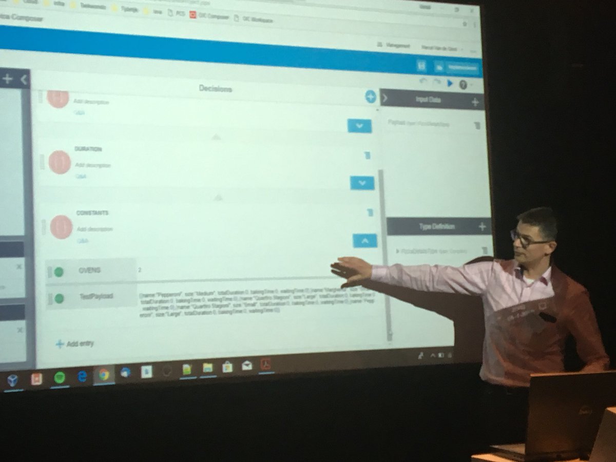 robertvanmolken's tweet image. . @MarcelvdGlind demoing the decision model used by #JarvisPizzeria. Very impressive, many (complex) decisions needed for the best pizza and delivery @soacommunity #OraclePCS
