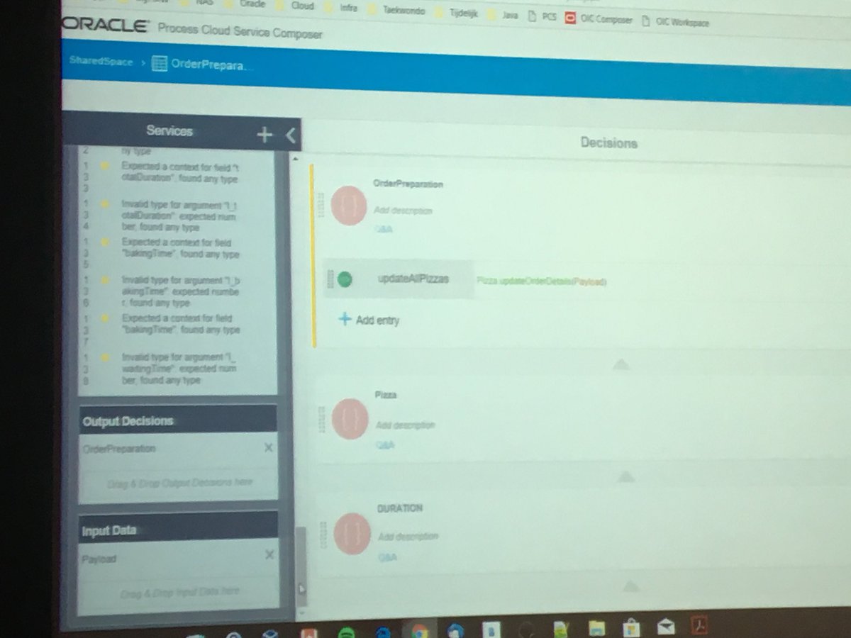 robertvanmolken's tweet image. . @MarcelvdGlind demoing the decision model used by #JarvisPizzeria. Very impressive, many (complex) decisions needed for the best pizza and delivery @soacommunity #OraclePCS