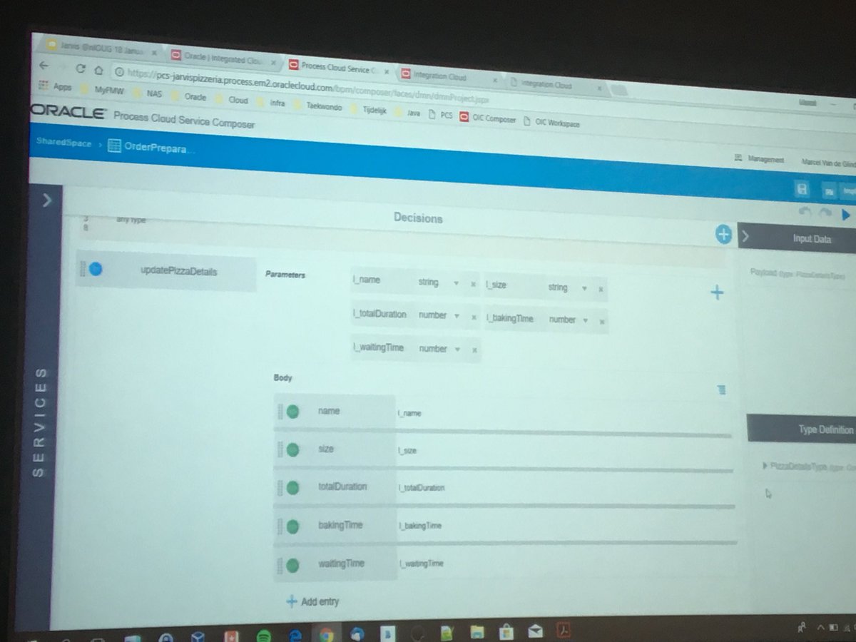 robertvanmolken's tweet image. . @MarcelvdGlind demoing the decision model used by #JarvisPizzeria. Very impressive, many (complex) decisions needed for the best pizza and delivery @soacommunity #OraclePCS
