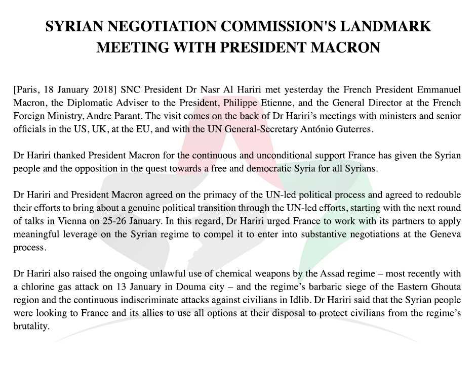 SyrianHNC_per's tweet photo. در پاریس، رئیس کمیته عالی مذاکرات @Nasr_Hariri و رئیس جمهور فرانسه @EmmanuelMacron موافقت کردند تا تلاش‌های خود را برای دستیابی به یک انتقال سیاسی در #سو��یه دوچندان کنند. https://t.co/TmfjvBaKSv
