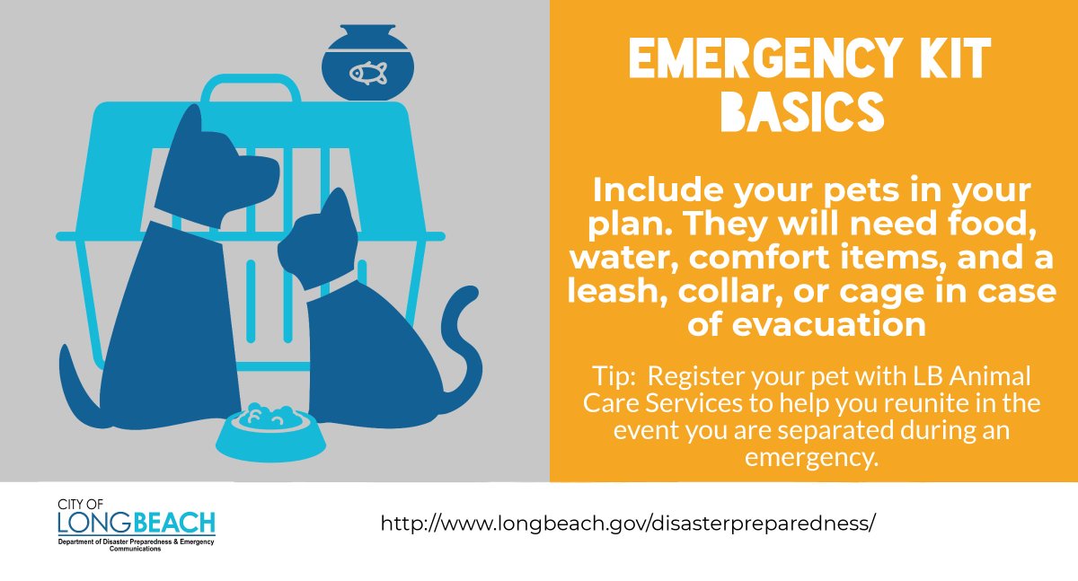 LBDisasterPrep's tweet photo. 🐶🐱🐹🐰🐦 Pets are an important part of the family and need to be included in your emergency kit! Include food, water, bowls, and other items to keep you pets calm and safe during a disaster. #EveryKitShouldHaveLB https://t.co/fvkMD0kl76